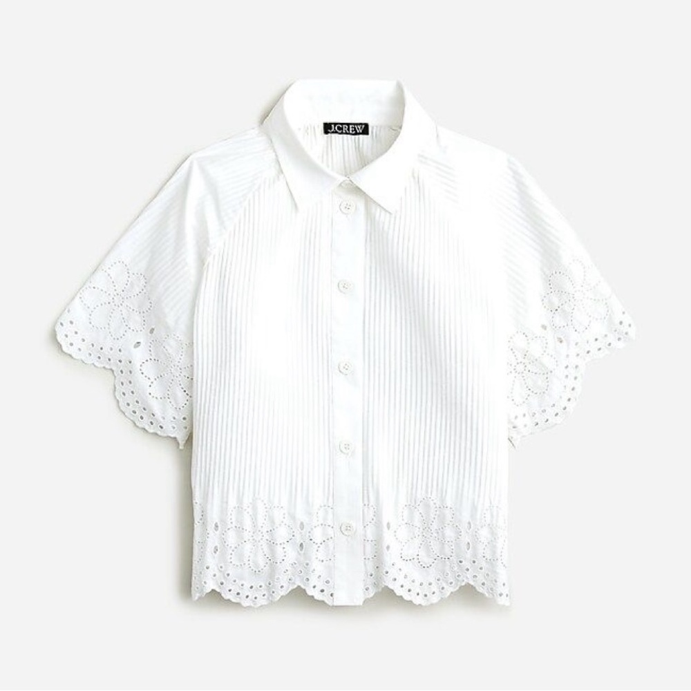 J. Crew White Pleated Eyelet Trim Poplin Top